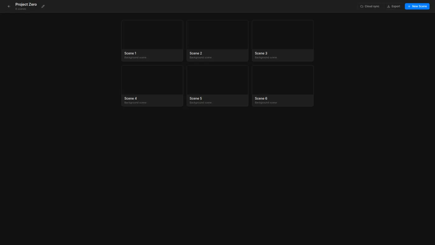 The FrameSketch scenes screen with scene thumbnails in a grid