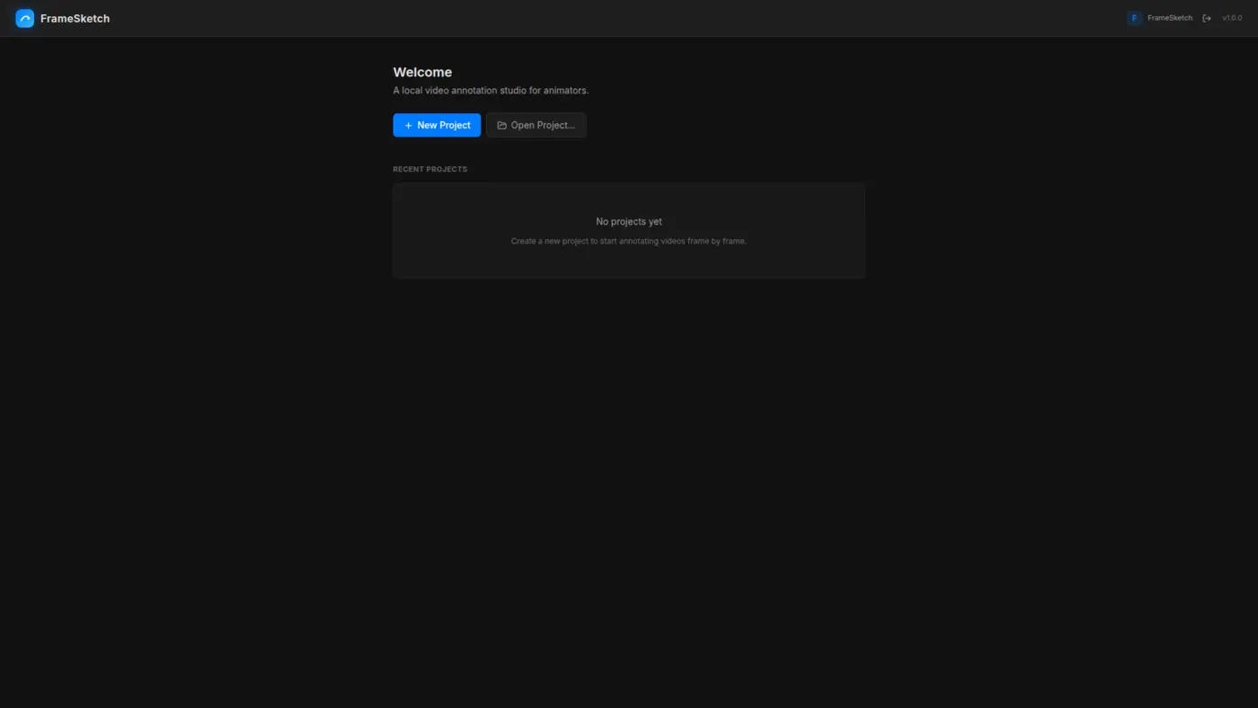 The FrameSketch welcome screen with a grid of recent projects